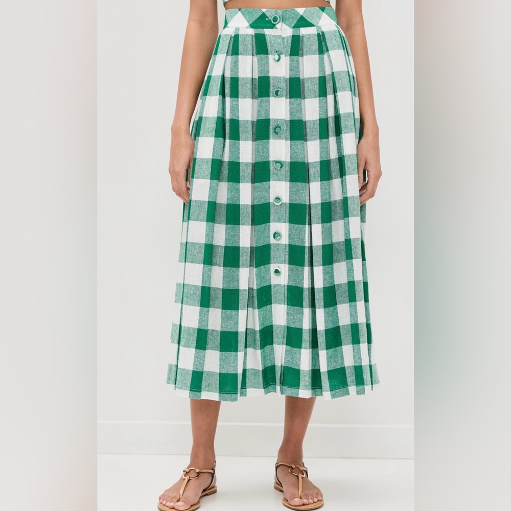 HUNTER BELL Green and White Gingham Midi Skirt
